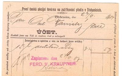 Třebenice, Kraupner - účtenka 1907, Lovosice, Litoměřice