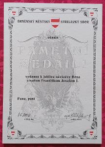 Dekret na pam. medaili na návštěvu F.J.I. v Brně