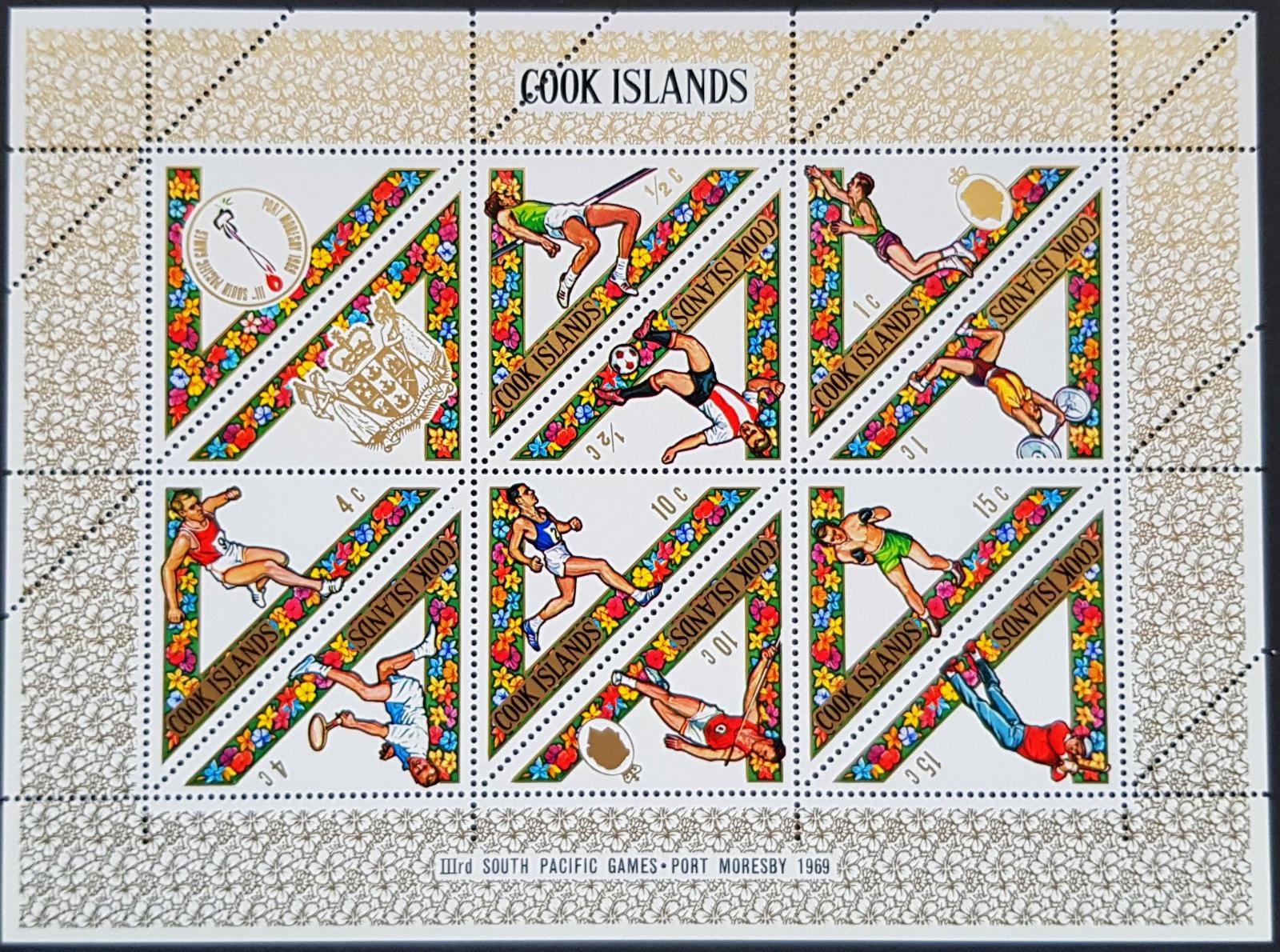 Cook Island 1969, športové hry, 1ks aršík, kat. 10 Euro - Známky