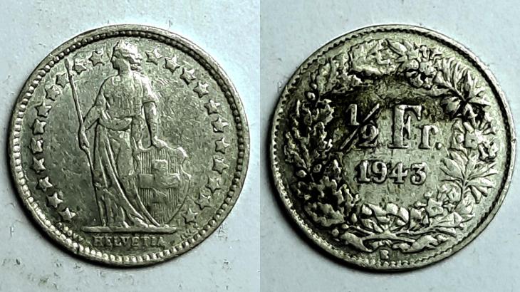 Švýcarský 1/2 frank 1943 AG