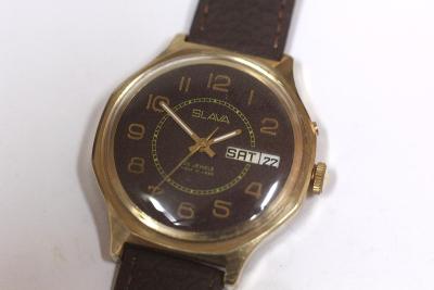 pánské hodinky SLAVA Made in USSR, dvojdatum, zlacené pouzdro
