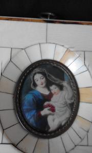 Krásná starožitná miniatura na slonovině (Madonna s Ješíškem)