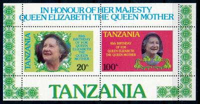 Tanzánie 1985 **/Mi. Block 42 aršík , Královna matka , /L22/