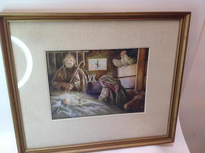 Akvarel/kombinovaná technika,narození Ježíška, Fr. Hlavica