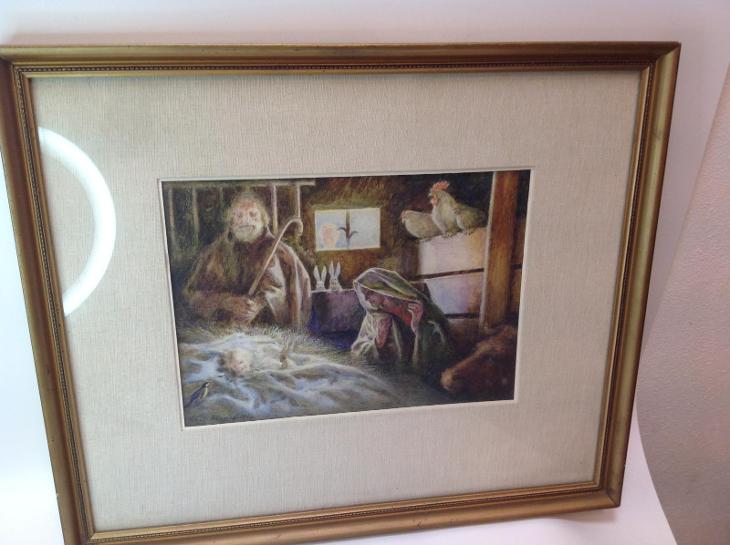 Akvarel/kombinovaná technika,narození Ježíška, Fr. Hlavica - Umění