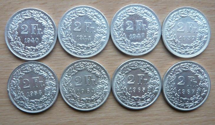 2 FRANK (1940,44,47,57,58,64,65,67) ŠVÝCARSKO - celkem 8 ks - stříbro - Evropa numismatika