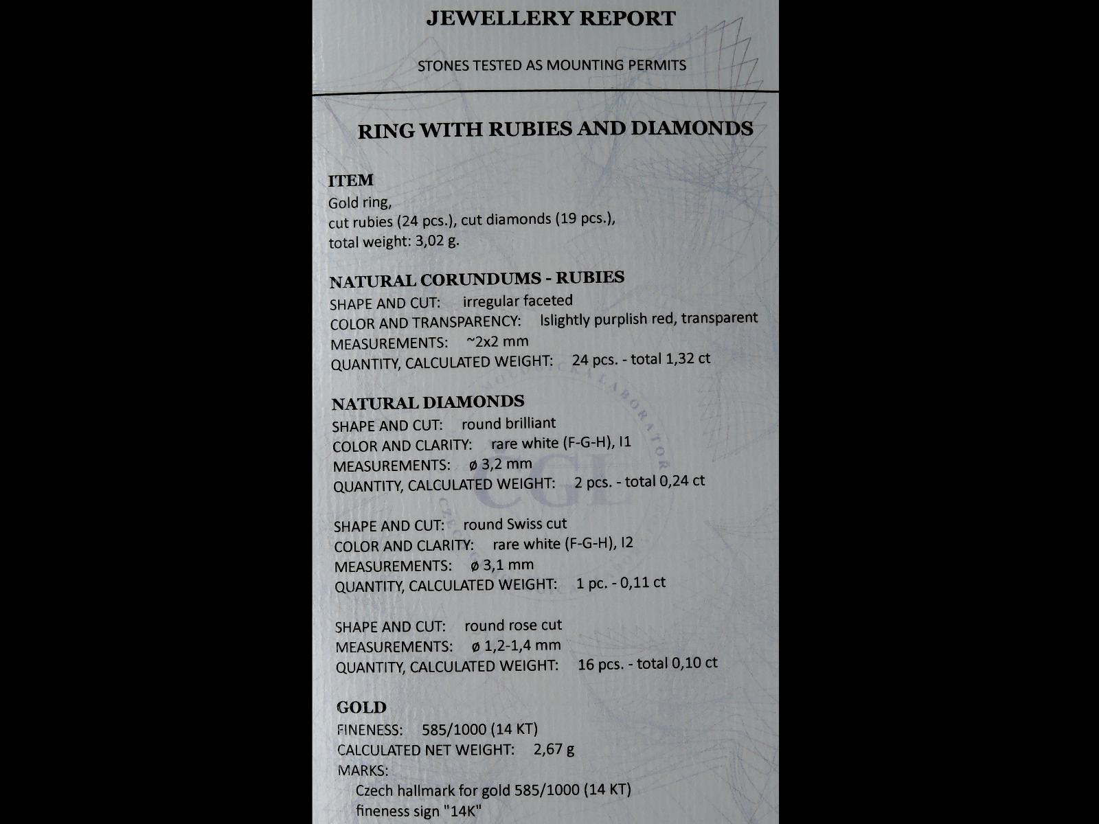 Art deco prsten- rubín, diamant/ ČGL certifikát - Starožitné šperky