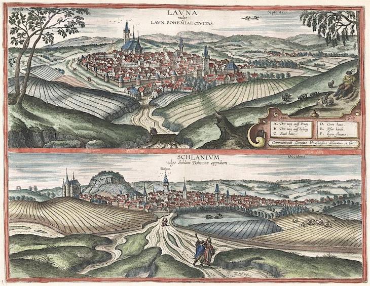 Louny Slaný, Braun Hogenberg, kolor. mědiryt 1617 - Antikvariát