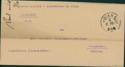 13C125 Úřední dopis policie Vídeň - Nové Město, 1898