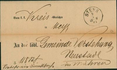 13C134 Úřední dopis soud Steyr / Štýr - Nové Město, zálepka, 1891