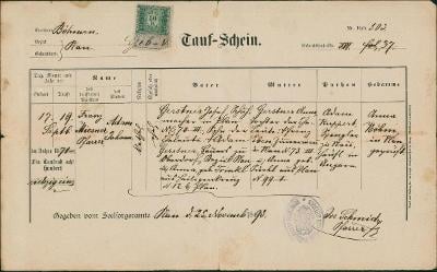2A1069 Farní úřad Planá - křestní list 1893