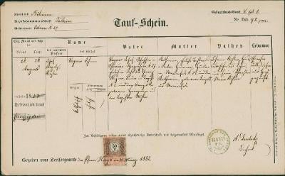 2A1083 Křestní list Ostrov, Bor u Tachova, r. 1882