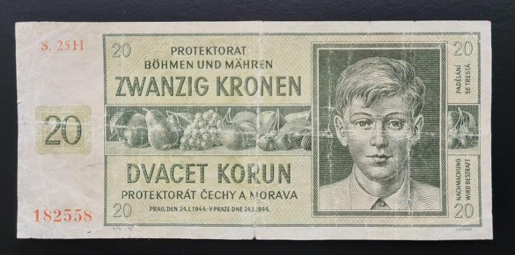 20 korun 1944, neperforovaná.  - Bankovky ČSR/ČR