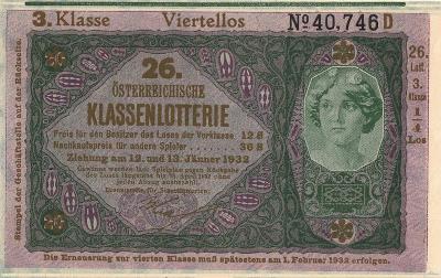 20 Kronen loterie Donaustaat  Austria (1923-37) 1932 vzácné, UNC !!!