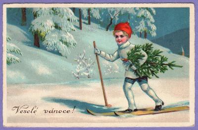 pohlednice Veselé Vánoce dítě lyže stromeček 1941