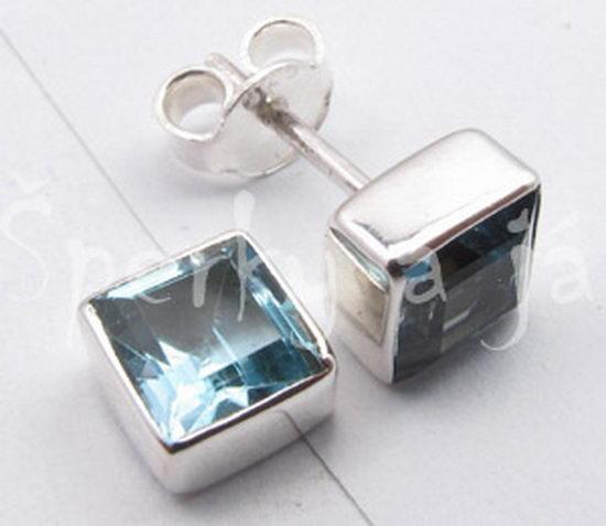 /SS400/ Stříbrné náušnice modrý topaz čtverec     - Stříbrné šperky