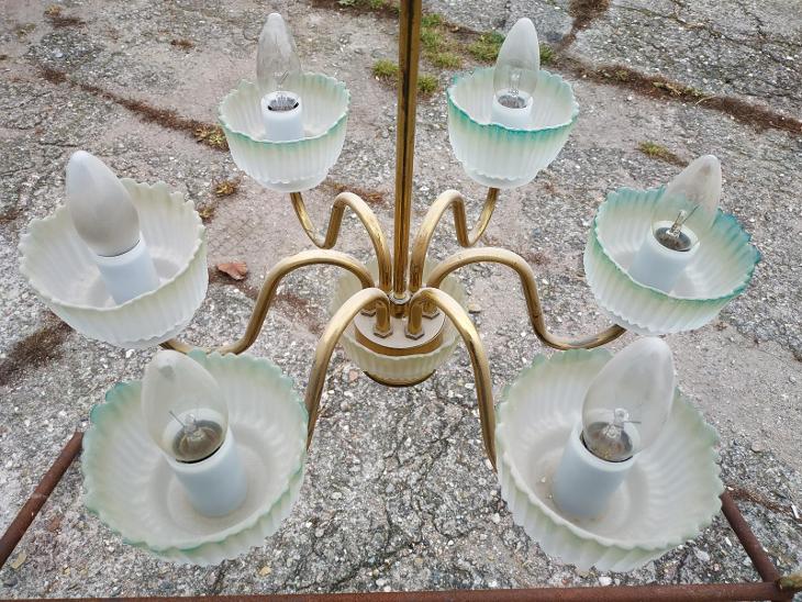 Krásný šestiramenný lustr s miskami se zeleným lemem,funkční - Starožitná svítidla