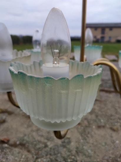 Krásný šestiramenný lustr s miskami se zeleným lemem,funkční - Starožitná svítidla