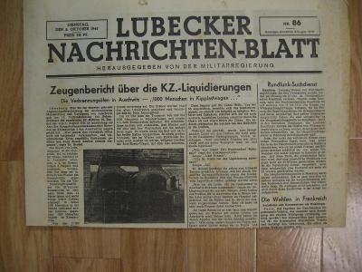 LUBECKER NACHRICHTEN-BLATT z října 1945 *Auschwitz / Bergen Belsen* 