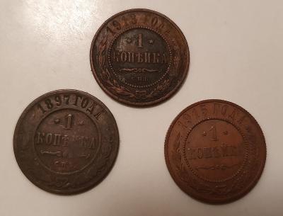 3 kusy - 1 Kopějka ročníky 1897, 1913, 1915, Rusko