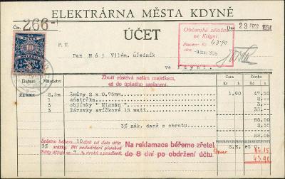 2A1103 Faktura Elektrárna Kdyně - V. Máj, kolek 10hal, r. 1934