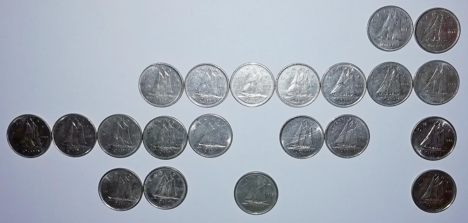 Kanadské 10 Centy (1968 - 1999), 21 Ks, KAŽDÝ JINÝ, Kanada 10 Cent - Numizmatika
