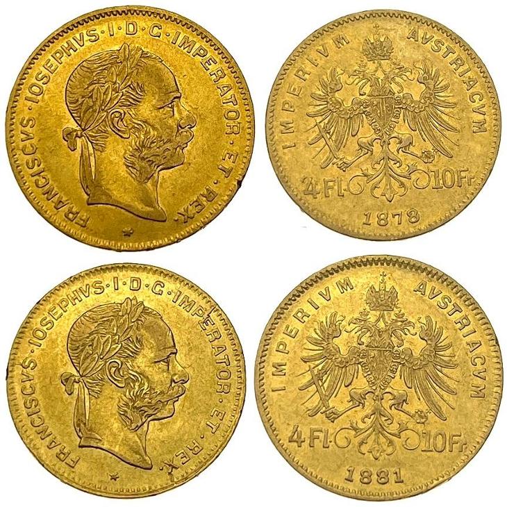 Kompletní sada Rakouských 4 zlatníků Františka Josefa I. 1870-1892 !!!