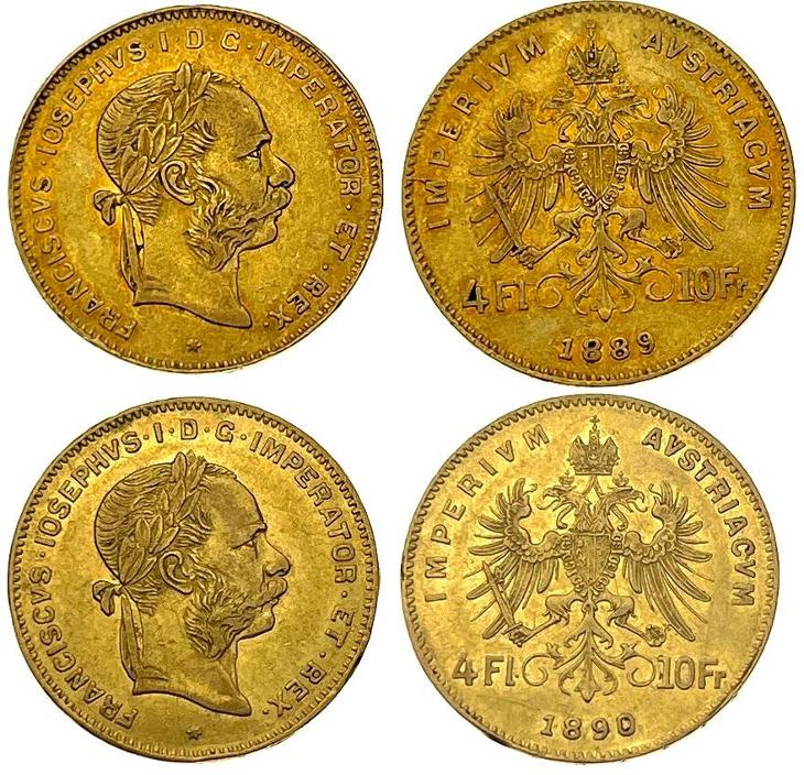 Kompletní sada Rakouských 4 zlatníků Františka Josefa I. 1870-1892 !!!