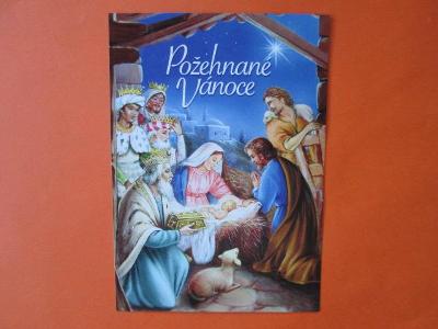 Nová vánoční kreslená pohlednice - betlém Tři králové  děťátko Ježíšek