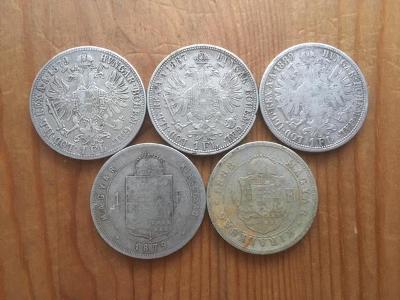 5 kusů stříbrných zlatníků, Rakousko Uhersko, každá mince jiná