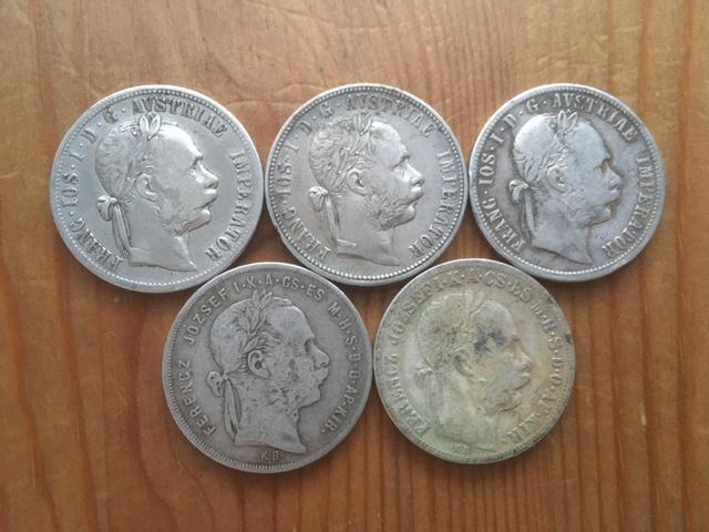 5 kusů stříbrných zlatníků, Rakousko Uhersko, každá mince jiná