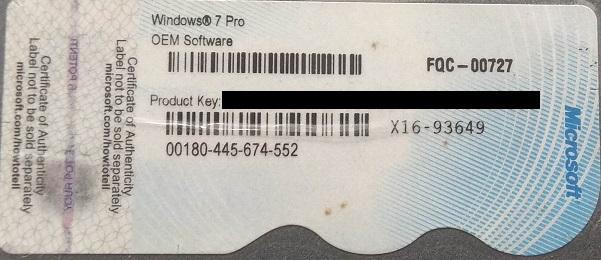 Licenční štítek Windows 7 Pro