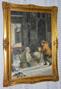 Zámecký obraz - Děti s kozou - olej na desce