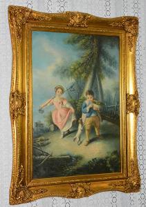 Zámecký obraz - Děti s pejskem - olej na desce