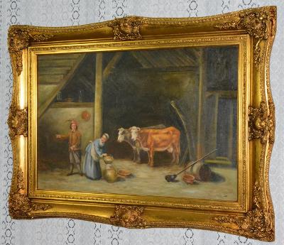 Zámecký obraz - Ve stodole - olej na desce
