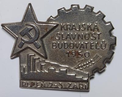 P113 Odznak budovatelský - Krajská slavnost Plzeň 1950, 30x40 mm
