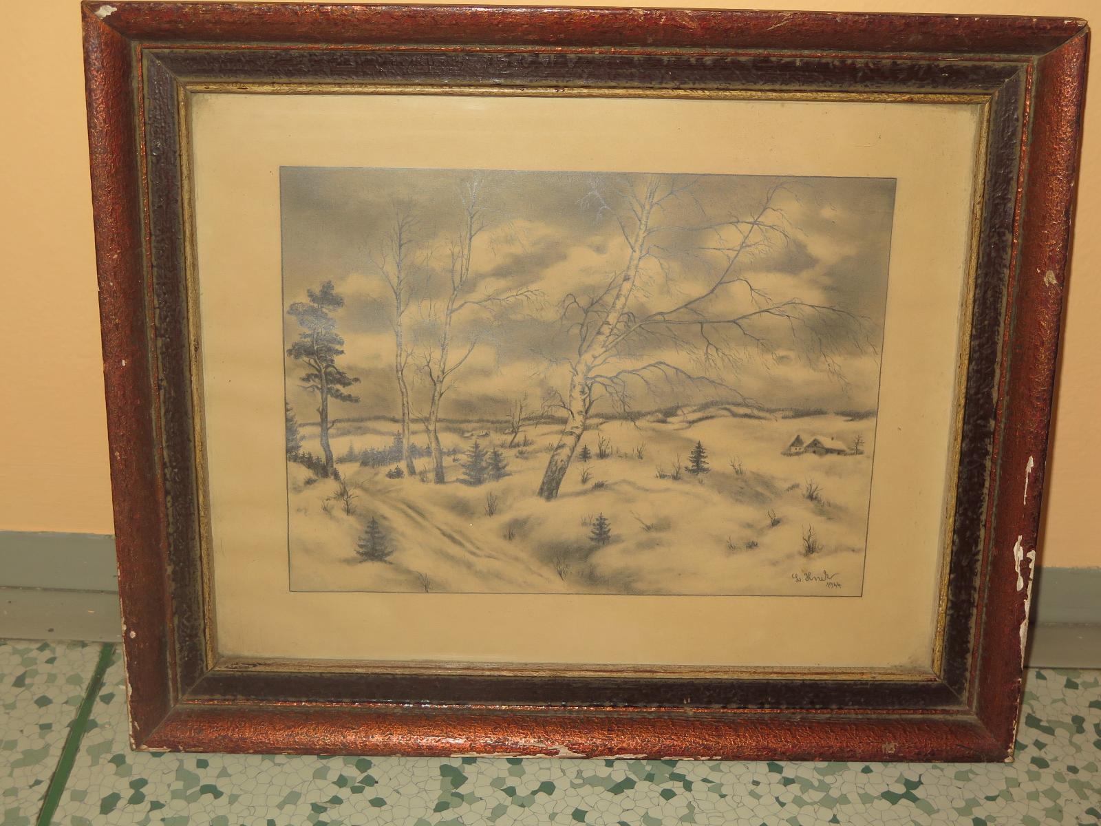 starý zasklený obrázok ZIMNÁ KRAJINA, sneh brezy - L. Hnik 1944 - Umenie