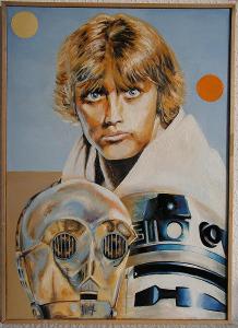 Stars Wars ručně malovaný obraz. Luke Skywalker, R2D2, C3PO. 70x50cm.