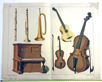 Grafický list 19. st. hudební nástroje historické litografie VZÁCNÉ!