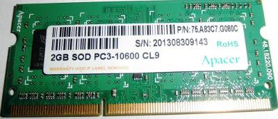APACER 2GB SOD PC3-10600 CL9, 1333 MHz, DDR3, záruka
