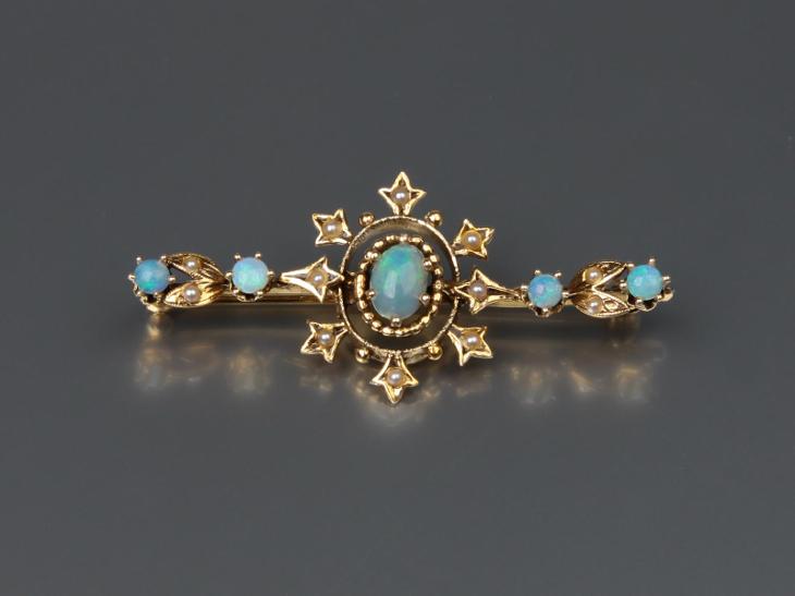 Starožitná, nádherná brož s přírodními aust. opály a perličkami 14k - Starožitné šperky