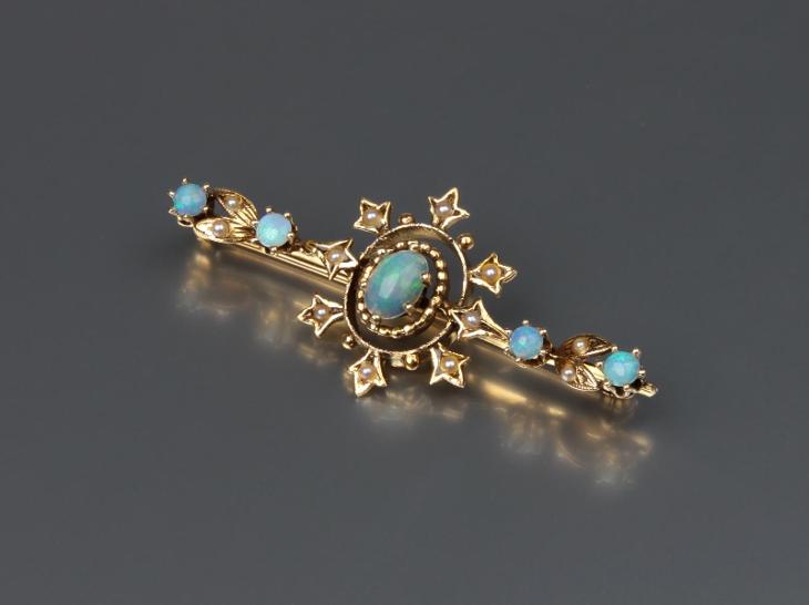 Starožitná, nádherná brož s přírodními aust. opály a perličkami 14k - Starožitné šperky