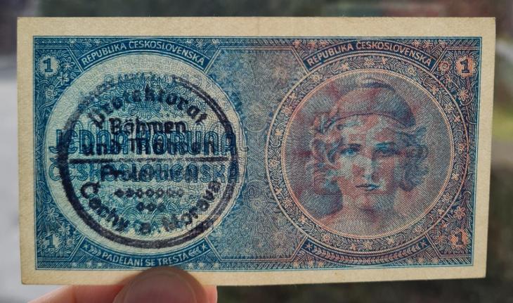 1 koruna bez data (1938), ruční přetisk 1940, stav 1.