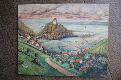 Akvarel- krajina s hradem a vesnicí