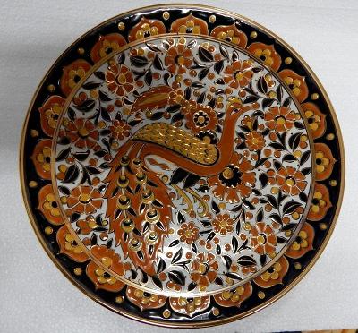 Dekorativní talíř s vytlačovaným motivem páva - 24 K zlato - Řecko