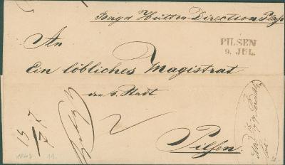 13C185 Předznámkový dopis Plasy - magistrát Plzeň mimořádná pečeť 1847