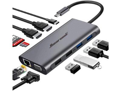 USB C Hub, USB-C dokovací stanice pro notebooky, 11v1 trojitý adaptér 