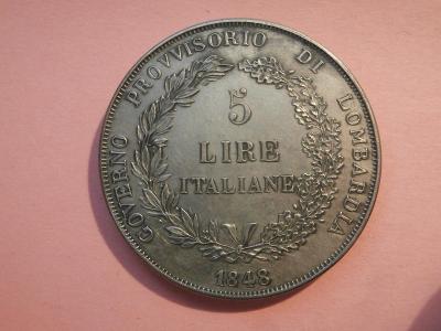 5 LIRA 1848 M ,Revoluční,  KOPIE , 27,9g, pr. 37mm, světlý kov