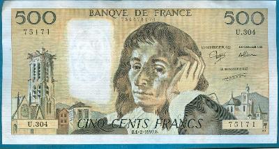 Francie 500 franků 1.2.1990 XF  bez dírek