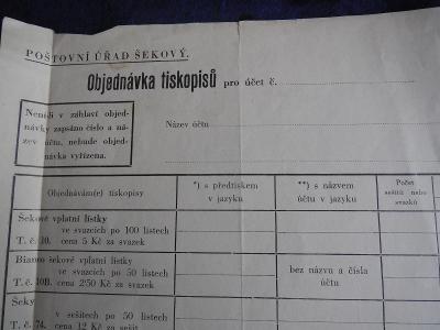 Poštovní úřad šekový - objednávka tiskopisů 1. republika.